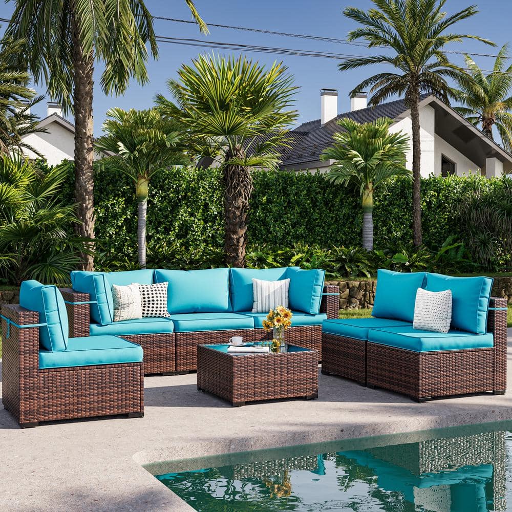 7-Piece Wicker Patio Conversation Set with Sky Blue Cushions