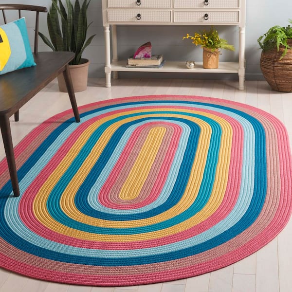 Braided 4 ft. x 6 ft. Pink/Blue Striped Multicolor Pastel Oval Area Rug
