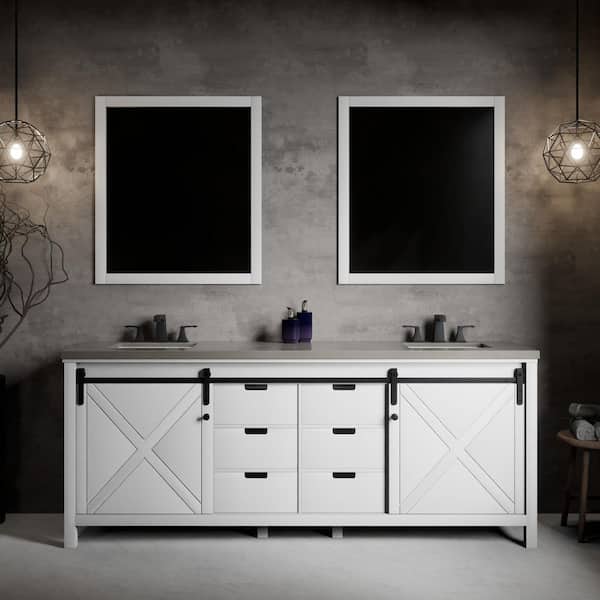 Marsyas 84 in W x 22 in D White Double Bath Vanity, Grey Quartz Countertop and 34 in Mirrors