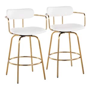 Demi 37.75 in. White Faux Leather and Gold Metal Fixed Counter Height Bar Stool with Round Footrest (Set of 2)