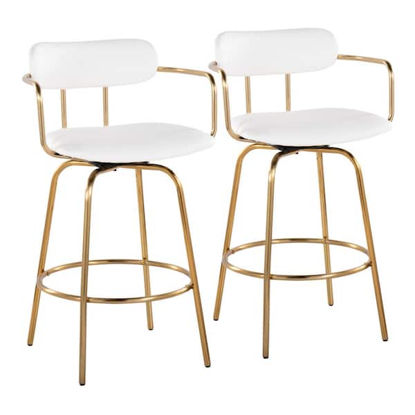Lumisource Demi 37.75 in. White Faux Leather and Gold Metal Fixed Counter Height Bar Stool with Round Footrest (Set of 2)