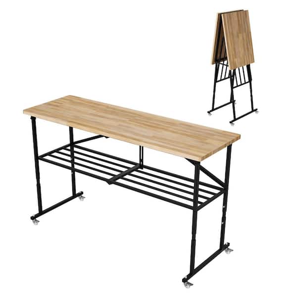 68 in. W x 21 in. D Adjustable Solid Wood Top Workbench Foldable Hardwood Workbench with Wheels