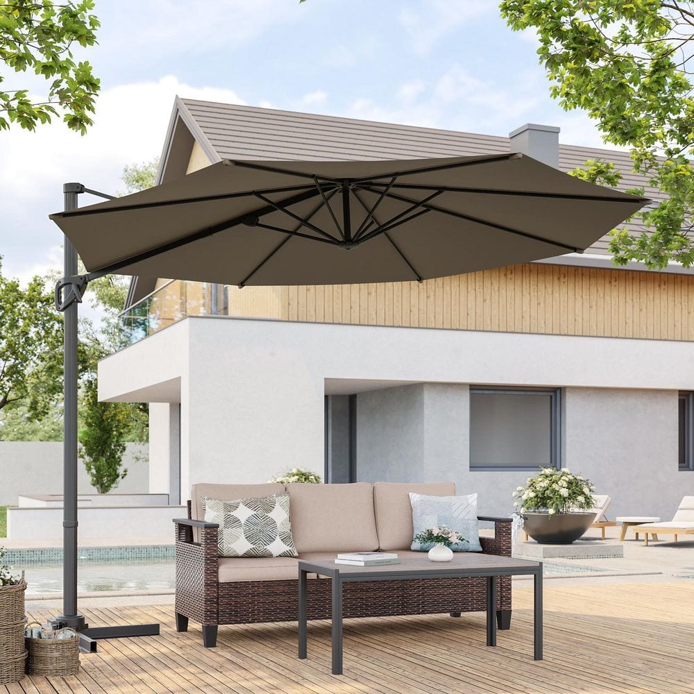 Sonkuki 10 ft. Round 360-Degree Rotation Cantilever Offset Outdoor Patio Umbrella in Taupe R-BRELA-JC12K