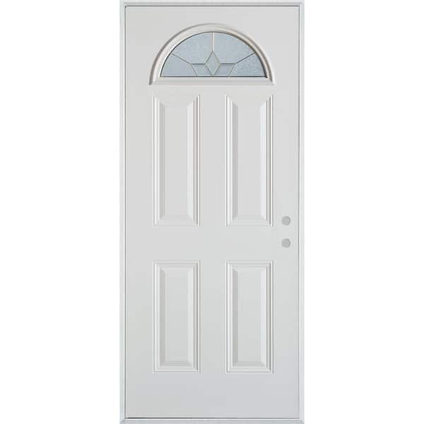 Stanley Doors 32 in. x 80 in. Geometric Brass Fan Lite 4-Panel Painted White Left-Hand Inswing Steel Prehung Front Door
