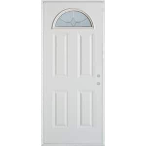 36 in. x 80 in. Geometric Patina Fan Lite 4-Panel Painted White Left-Hand Inswing Steel Prehung Front Door