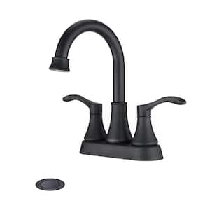 Deck Mount 4 in. Centerset Double Handle High Arc Bathroom Faucet, Bathroom Faucet with Drain in Matte Black