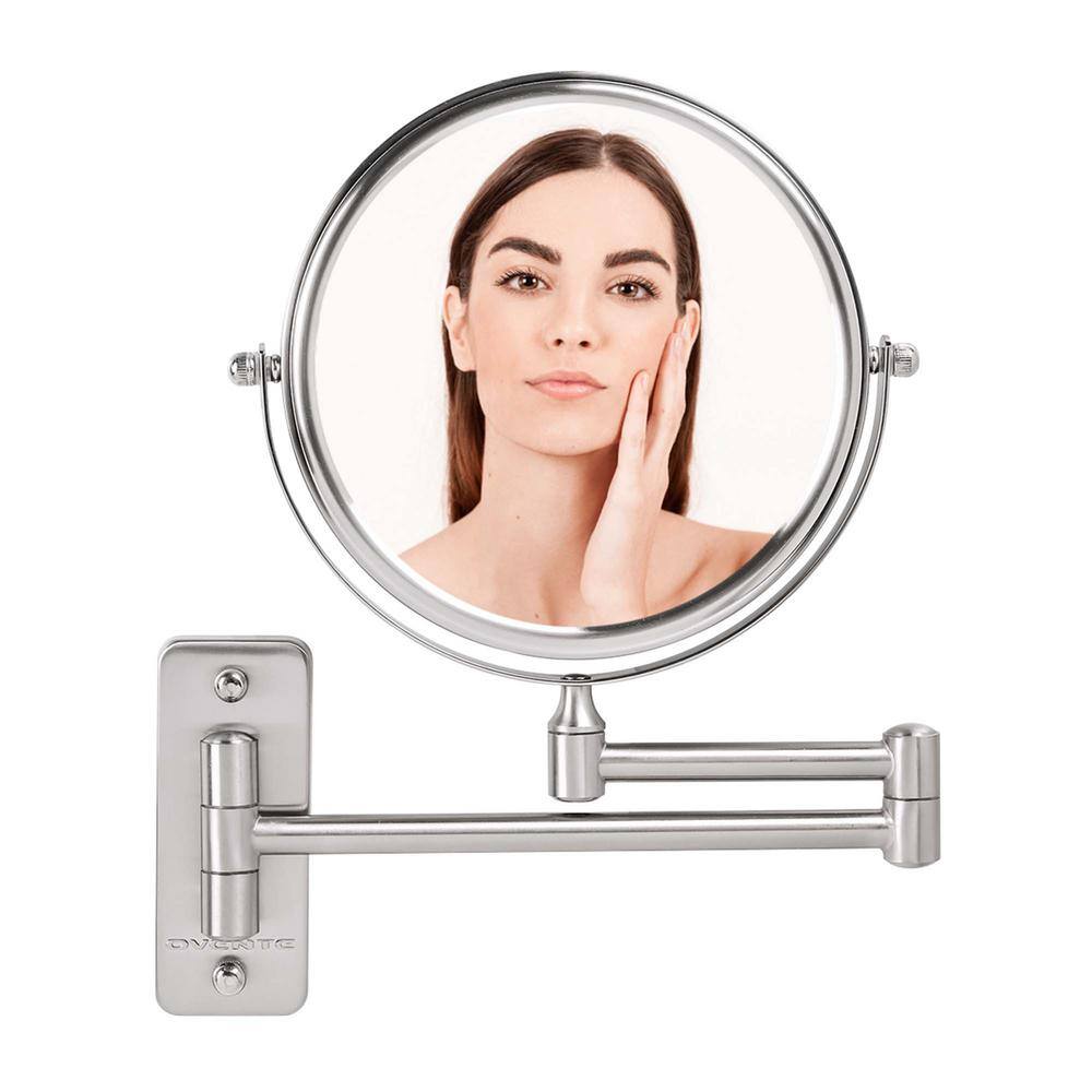 OVENTE Small Round Wall Mounted Nickel Brushed Makeup Mirror (11 in. H x  1.4 in. W), 1x-7x Magnification MNLFW70BR1X7X The Home Depot