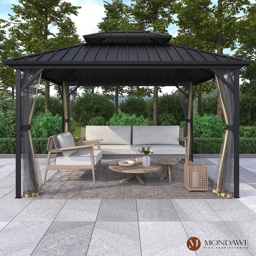 Mondawe 10 ft. x 12 ft. Outdoor Iron Frame Patio Gazebo Canopy Tent Shelter with Galvanized Steel Hardtop Roof, Mosquito Netting, Multi -  MOT1012076-N