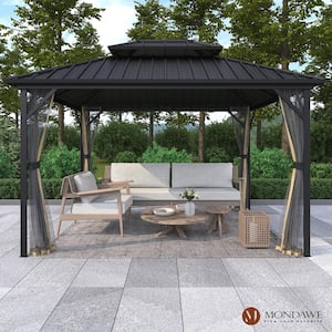 10 ft. x 12 ft. Outdoor Iron Frame Patio Gazebo Canopy Tent Shelter with Galvanized Steel Hardtop Roof, Mosquito Netting