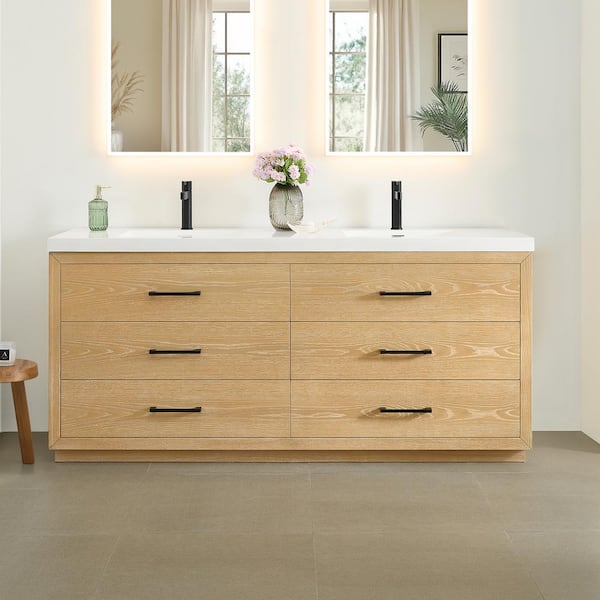 Sigrid 72 in. Double Freestanding White Oak Bath Vanity with White Artificial Stone Top Assembled