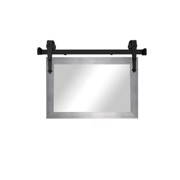 (33 in. W x 24 in. H) Matte Silver Modern Rustic Vertical Mirror with Steel Barn Door Rail