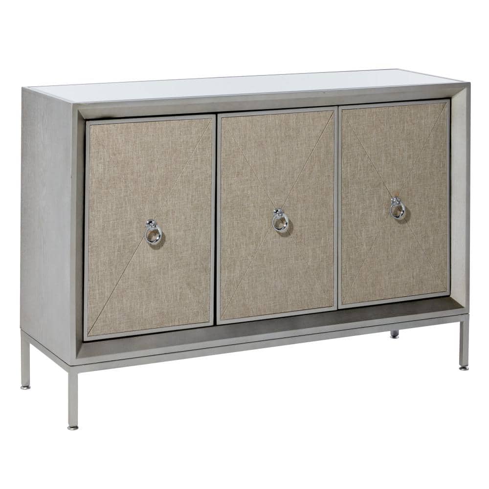 Gray Upholstered 3-Door Cabinet with Mirrored Top and Ring Handles