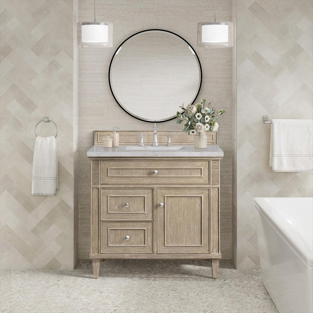 Lorelai 36" Whitewashed Oak Single Vanity with Victorian Silver Quartz Top