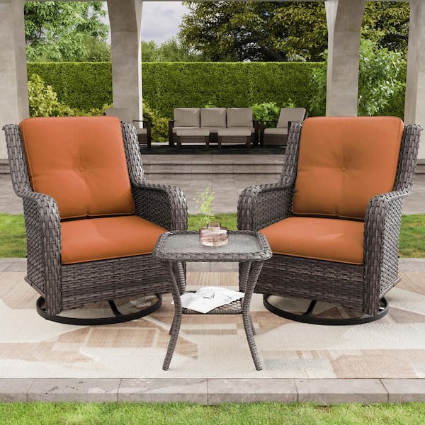 JOYSIDE 3-Piece Wicker Patio Swivel Outdoor Rocking Chair Set with Orange Cushions and Table