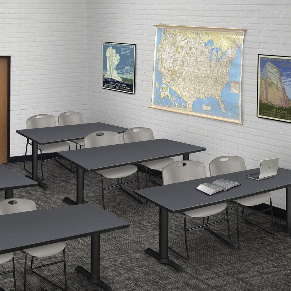 Cain 72 in x 24 in. Grey T-Base Training Seminar Table Desk and 2 Zeng Stack Chairs-Grey