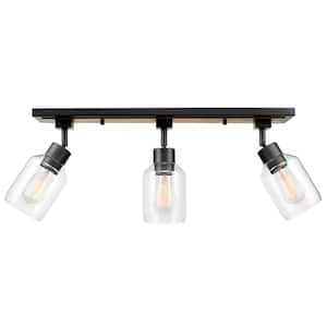Griffith 25 in. 3-Light Faux Wood and Matte Black Track Lighting with Clear Glass Shades