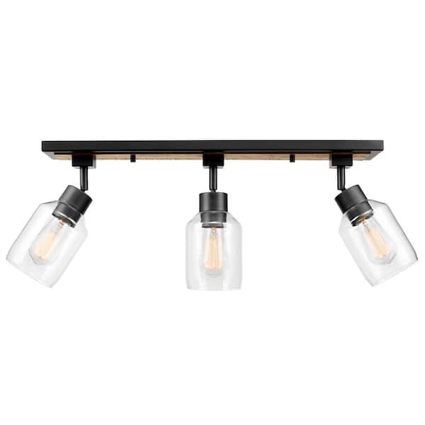 Globe Electric Griffith 25 in. 3-Light Faux Wood and Matte Black Track Lighting with Clear Glass Shades