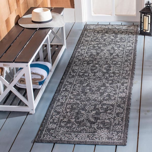 Courtyard Black/Ivory 2 ft. x 20 ft. Border Floral Scroll Indoor/Outdoor Runner Rug