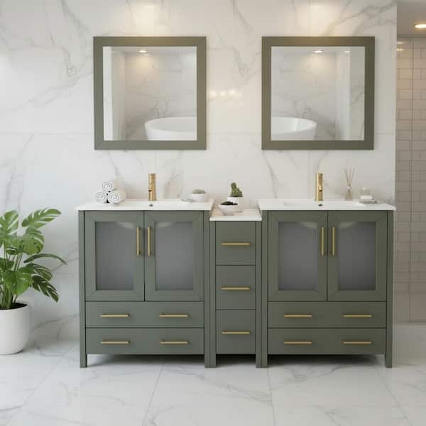 72 in. W x 18 in. D x 36 in. H Vintage Green Bath Vanity with White Ceramic Top and Mirror