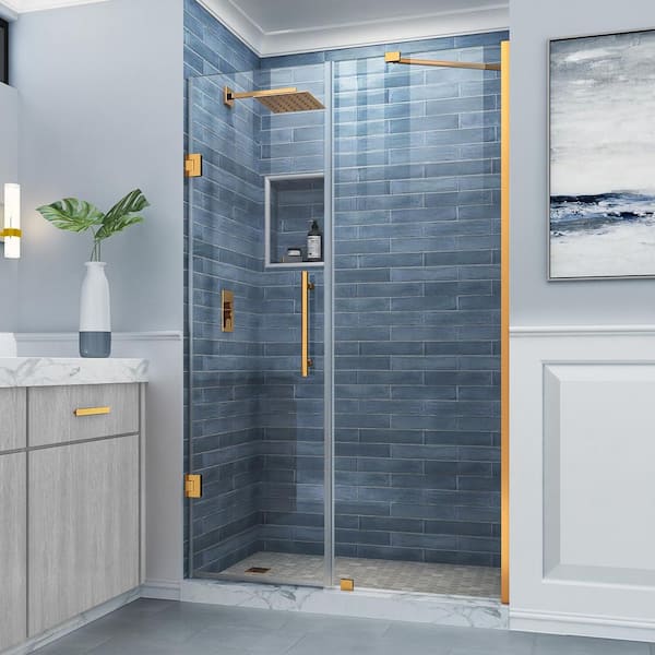 Aston Belmore 54.25 to 55.25 in. W x 72 in. H Frameless Hinged Shower Door in Brushed Gold