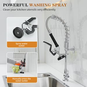 Commercial Restaurant Pull Down Single Handle Deck Mount Pre-Rinse Spray Kitchen Faucet Space Saver in Polished Chrome