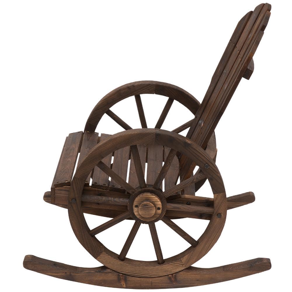 Burnt Wood Adirondack Rocking Chair with Wagon Wheel Armrests