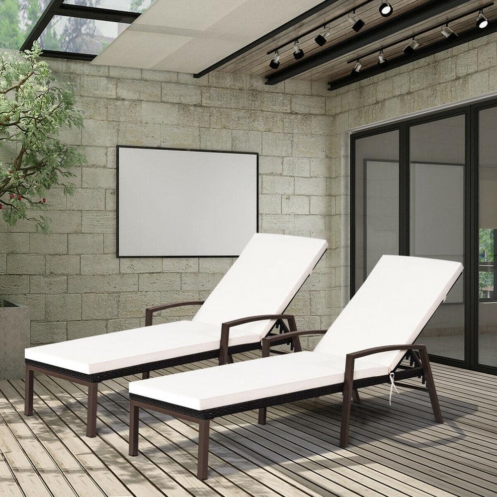 Mix Brown Frame 2-Pieces Wicker Outdoor Reclining Chaise Lounge Chair with 