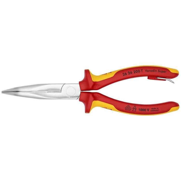 KNIPEX Long Nose 40&deg; Angled Pliers with Cutter-1000V Insulated-Tethered Attachment, 8"