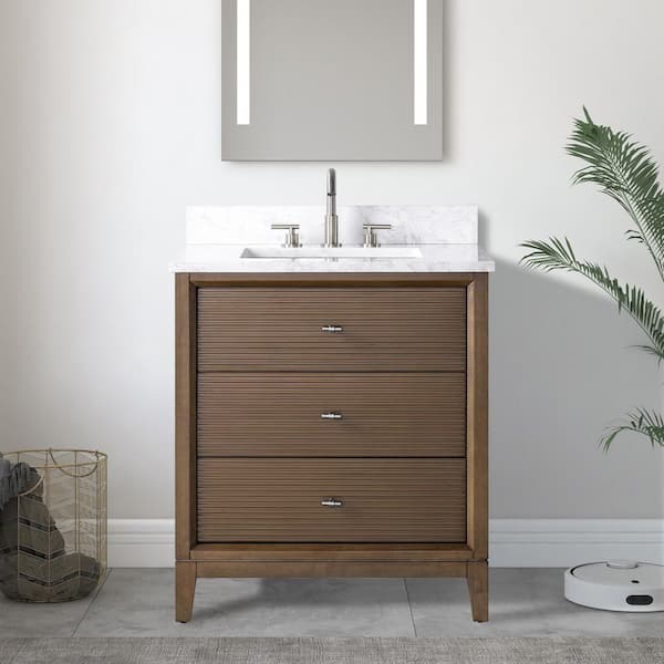30 in. W Single Sink Freestanding Walnut Bath Vanity Cabinet with Arabescato White Engineered Marble Top