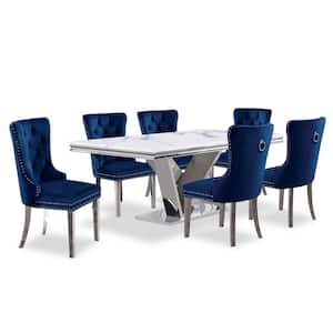 Sharland 7-Piece Rectangle Faux Marble Top Chrome and Blue Dining Table Set