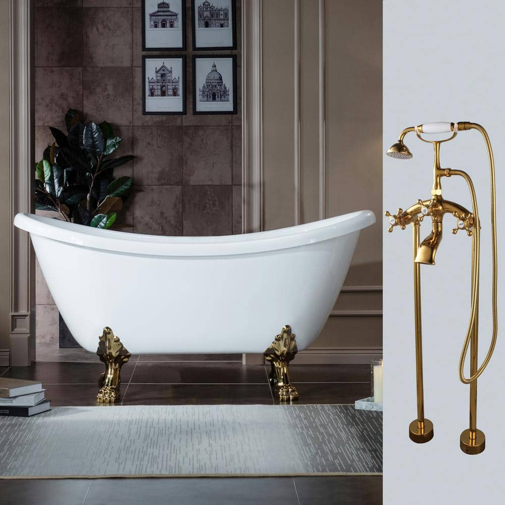 Topeka 59 in. Heavy Duty Acrylic Slipper Clawfoot Bath Tub in White Faucet, Claw Feet, Drain & Overflow in Polished Gold price history on PriceWatchPro