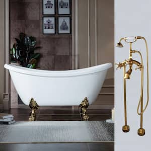 Topeka 59 in. Heavy Duty Acrylic Slipper Clawfoot Bath Tub in White Faucet, Claw Feet, Drain & Overflow in Polished Gold