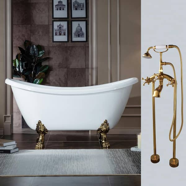 WOODBRIDGE Topeka 59 in. Heavy Duty Acrylic Slipper Clawfoot Bath Tub in White Faucet, Claw Feet, Drain & Overflow in Polished Gold