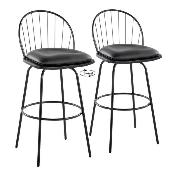 Lumisource Riley Claire 30 in. Black Faux Leather, Black Wood and Black Metal Bar Stool with Metal Legs (Set of 2)