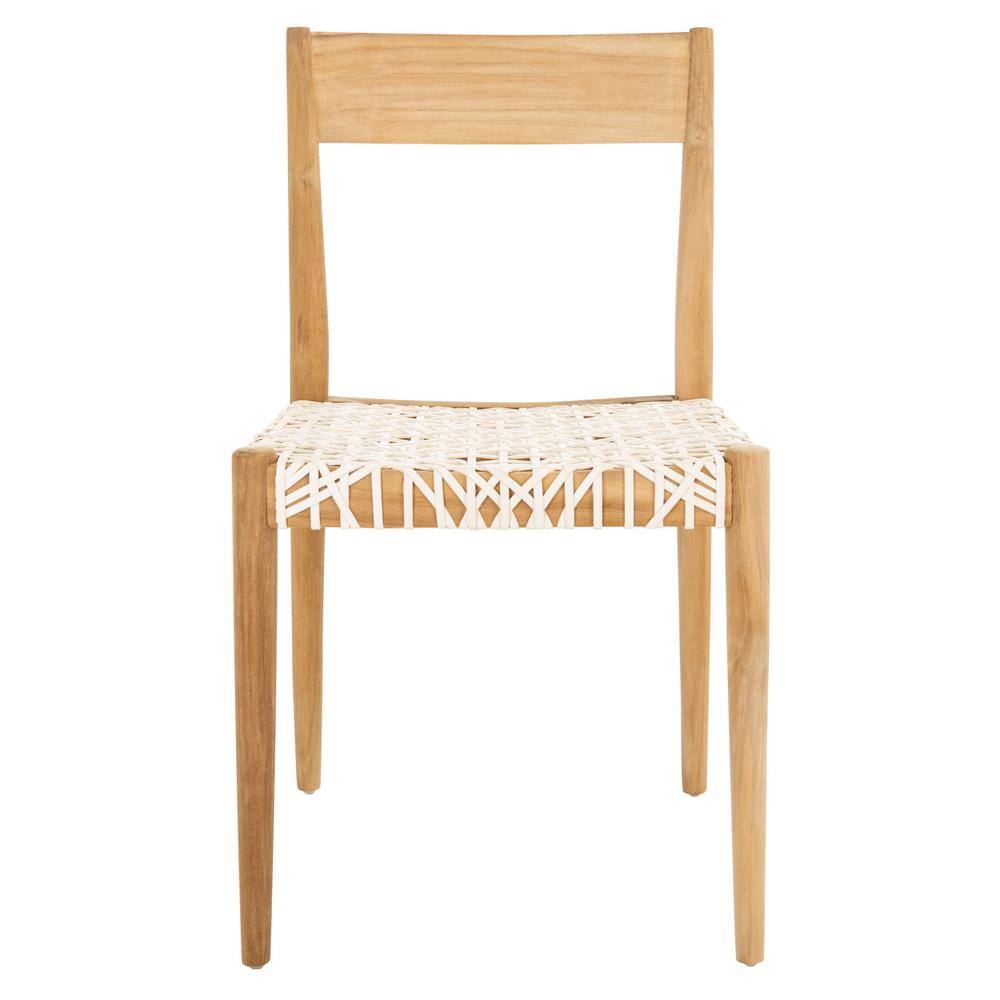Set of 2 White Woven Leather and Teak Dining Chairs