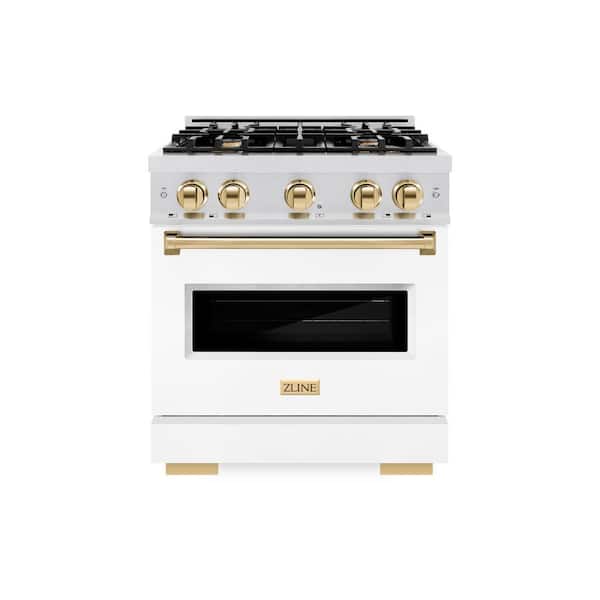 ZLINE Kitchen and Bath Autograph 30 in. Classic Gas Range with 4 Burners and Convection Gas Oven in Satin Steel with White and Gold Accents