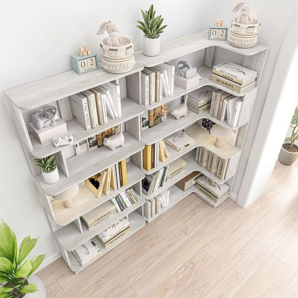 Odonna 64.56 in. Tall 2-Piece Light Gray Wood 5-Tier Freestanding L-Shaped Corner Bookcase for Living Room