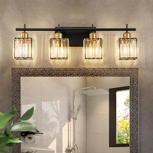 28.15 in. 4-Lights Black and Gold Modern/Contemporary Square Crystal Bathroom Vanity Light