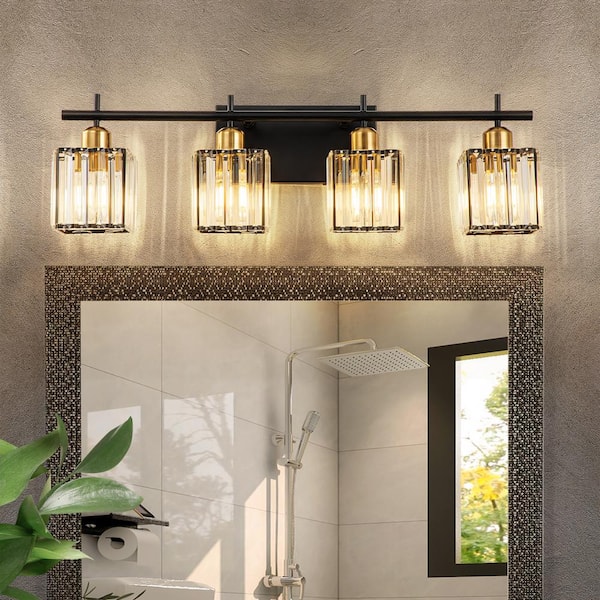 28.15 in. 4-Lights Black and Gold Modern/Contemporary Square Glass Crystal Bathroom Vanity Light