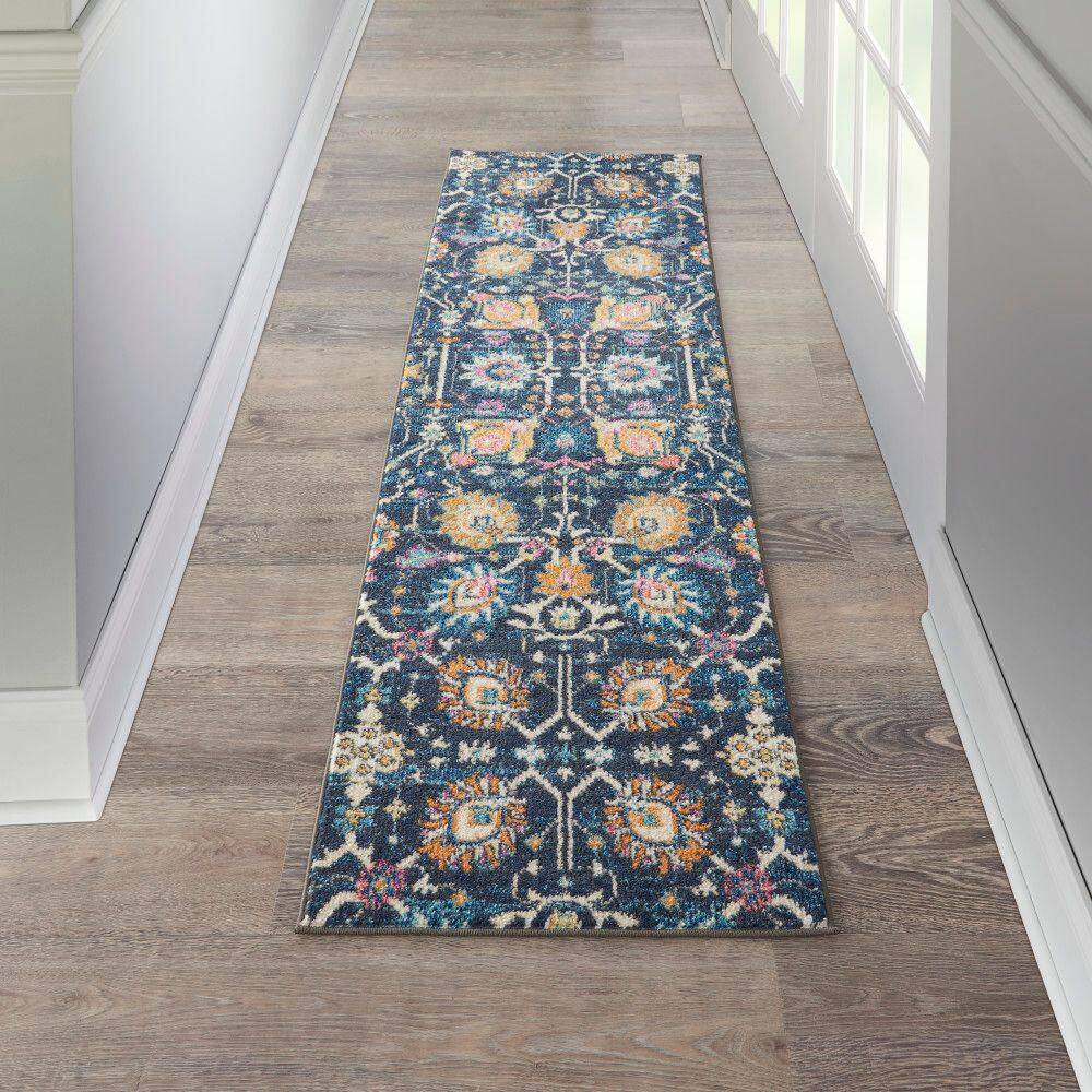 Navy Floral Synthetic Runner Rug with Latex Backing