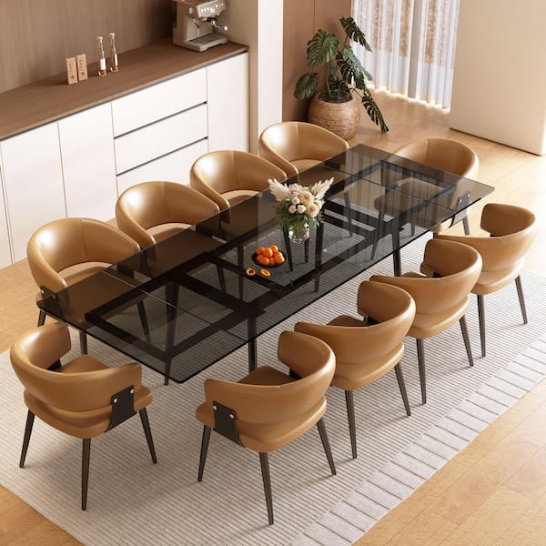 94.4 in. Extendable Dining Table Black Glass 4 Legs Dining Table Seats 8