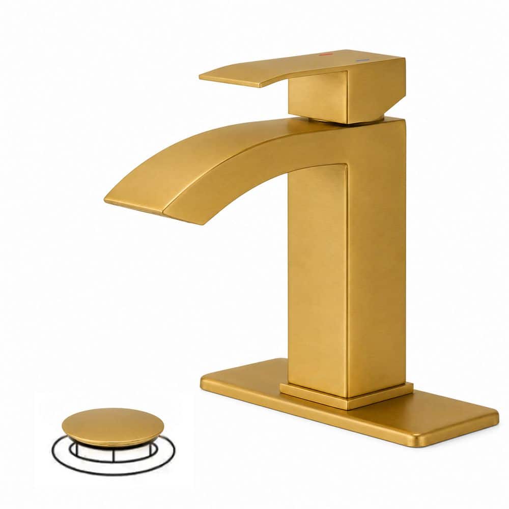 Waterfall Single Hole Single-Handle Low-Arc Bathroom Sink Faucet with Pop-up Drain Assembly In Brushed Gold price history on PriceWatchPro