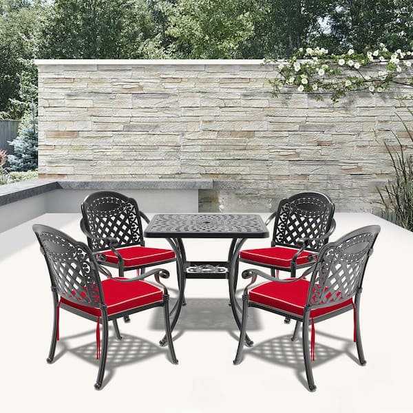 Willit Isabella Black 5-Piece Cast Aluminum Outdoor Dining Set with Square Table and Dining Chairs with Random Color Cushion