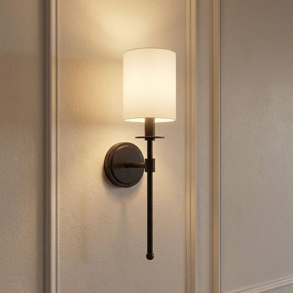 5 in. W x 20 in. H 1-Light Matte Black Wall Sconce with White Fabric Shade