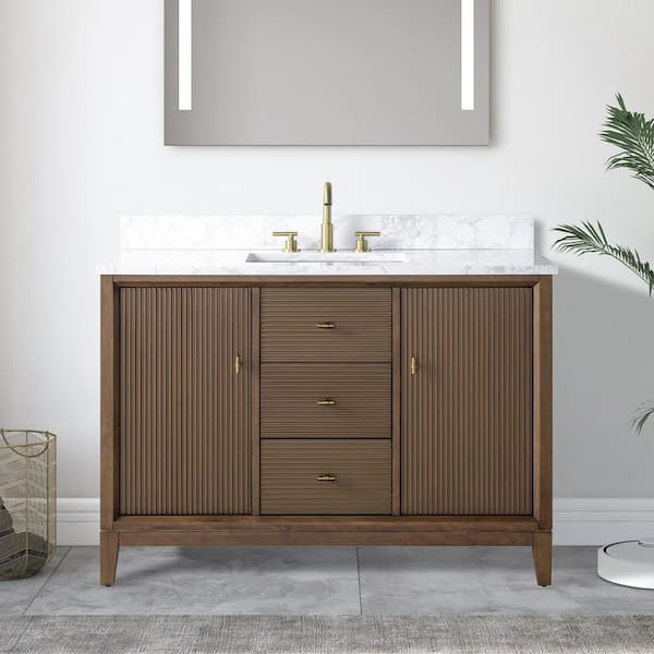 48 in. W x 34 in. H Single Sink Walnut Bath Vanity Cabinet with Arabescato White Engineered Marble Top