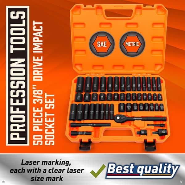 3/8 in. Drive SAE/Metric Ratchet and Socket Set (50-Piece) with Carrier Included, 6 Point, Cr-V