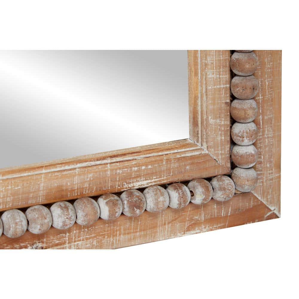 Light Brown Bohemian Wood Rectangular Wall Mirror with Beaded Detail