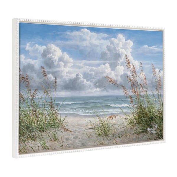 Kate and Laurel Modern Ocean Beach Landscape Framed Canvas Wall Art 1-Piece White Framed Canvas Art Print, 28 in. H x 38 in. W