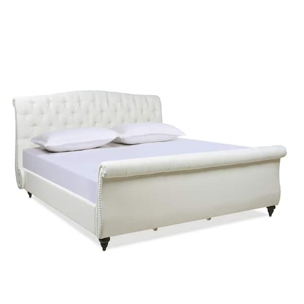 Jennifer Taylor Nautlius King Bed Frame with Headboard and Footboard, Antique White Polyester