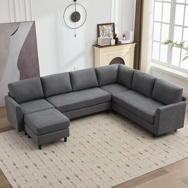 107.3 in. Width Convertible Large U-Shaped Fabric Sofa Couch, Large 7-Seater Sectional Sofa with 1 Ottoman in. Dark Gray